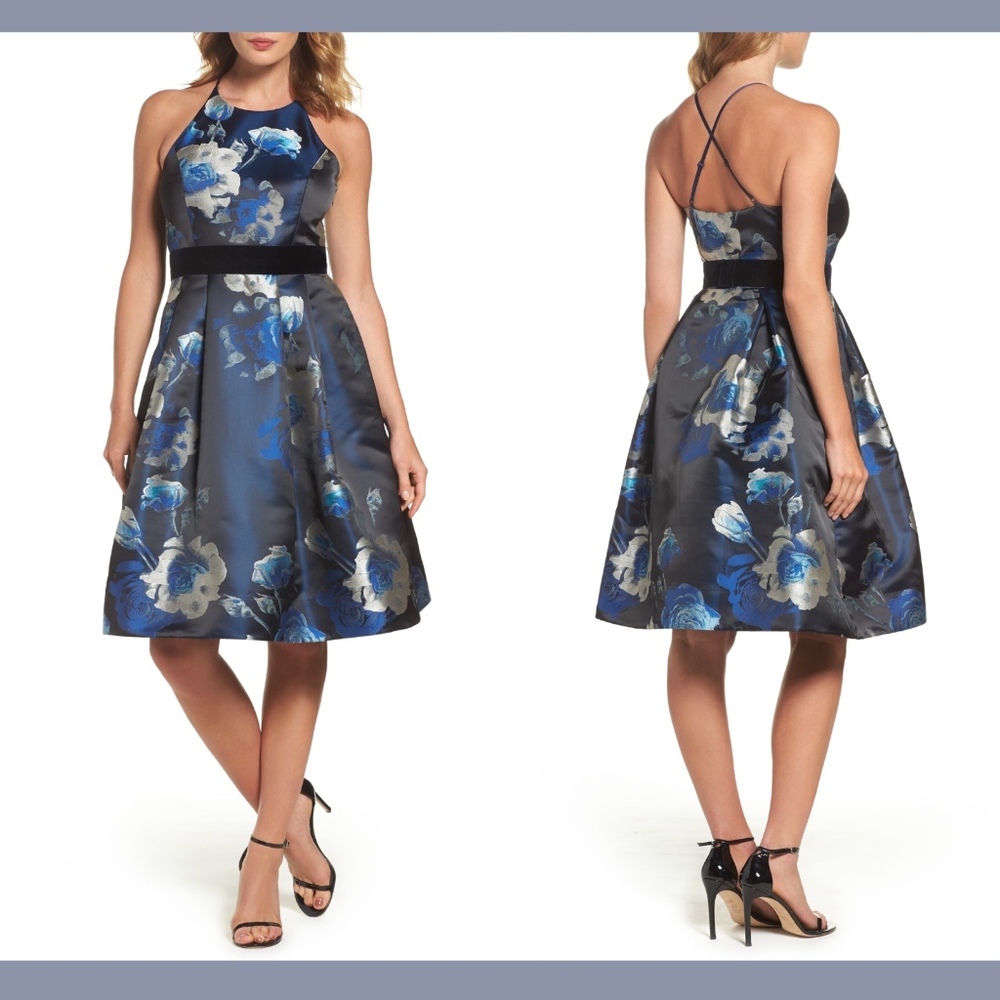 NWT $208 Eliza J Floral Jacquard Fit & Flare Dress in Blues‎ [SZ 10 ]
